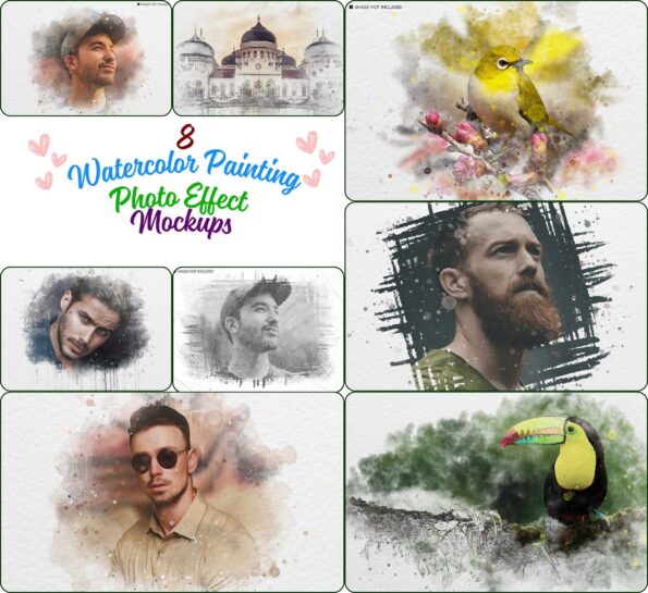 8 Watercolor Painting Photo Effect Mockups