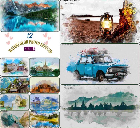 12 Watercolor Photo Effect PSD Bundle